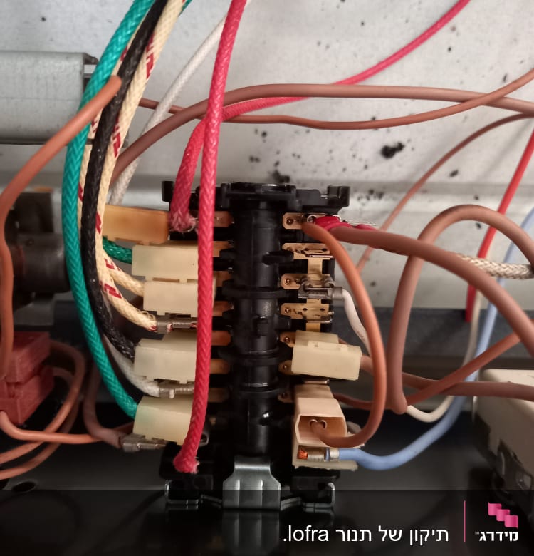 חוטי חשמל צבעוניים מחוברים למפסק חשמלי